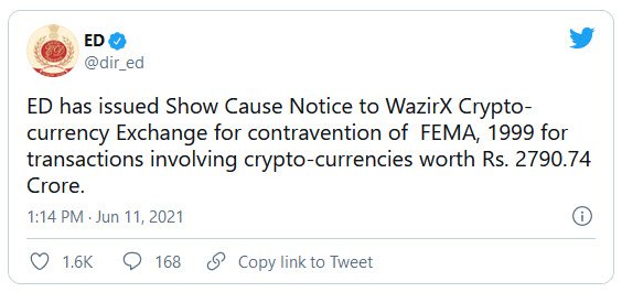 twitter ED WazirX notice